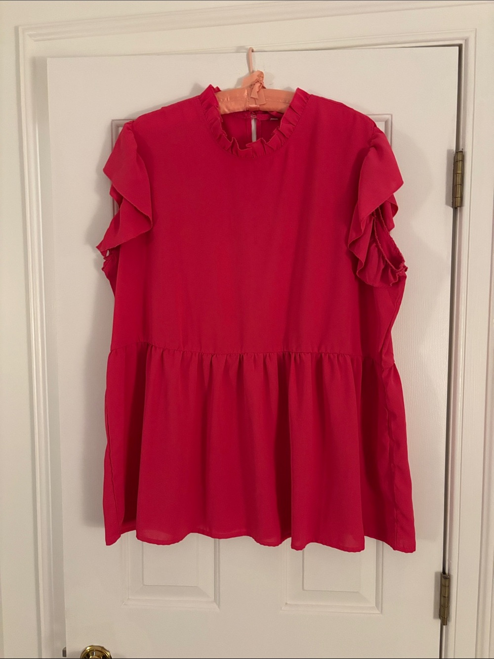 Ruffled Short-Sleeve Peplum Tunic in Hot Pink